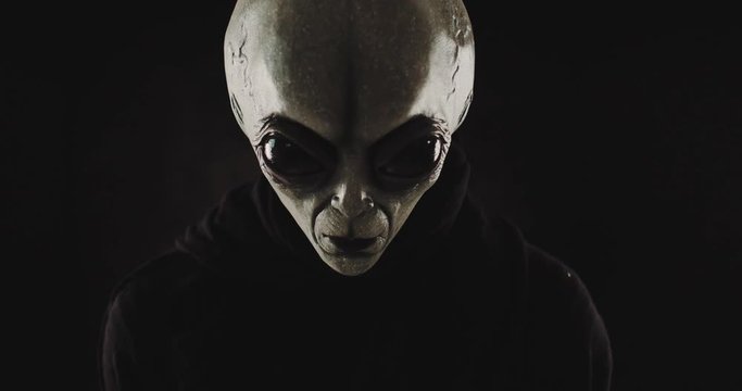 Grey alien creature has messages for human. posing in front of the camera