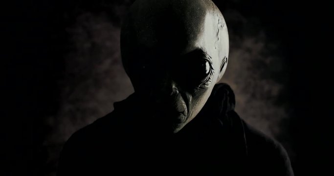 Grey alien creature has messages for human. posing in front of the camera