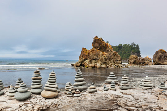 Stacked stones on Ruby beach, Forks, Washington, United States