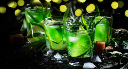 Alcoholic cocktail with lime green, lemon juice, cane sugar, soda, crushed ice and tarragon leaves, black background, selective focus