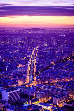 Aerial view of Paris cityscape at night, Paris, Ile de France, France