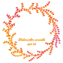 Vector watercolor hand drawn wreath with branches and leaves, different shades of orange and pink.