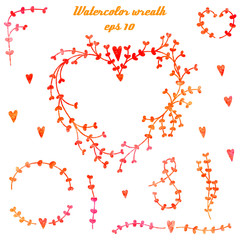 Vector set of hand drawn watercolor elements for wedding invitations and valentine's day cards - hearts, twigs, branches, borders, frames, etc. - 265547386