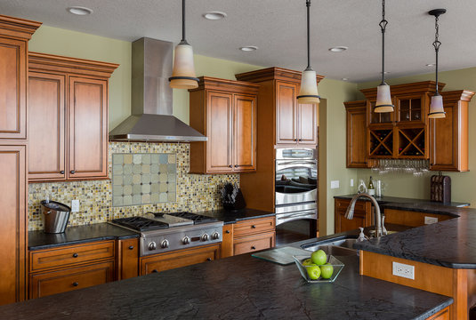 Tile back splash and island in kitchen