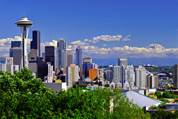 Space Needle and high rise buildings in Seattle city skyline, Washington, United States