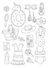 JPEG drawn set icons, signs summer fashion beachwear and accessories. Collection Summer elements for summer holiday and party. Set collection for design card and print on t-shirt Coloring page 