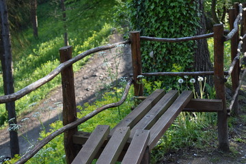 Wooden bench in flowers