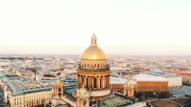 Aerial drone video of beautiful vintage architecture of St.-Petersburg city center, majestic Saint Isaac's Cathedral - Isaakievskiy Sobor