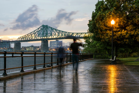 Blurred view of people on Montreal waterfront, Quebec, Canada