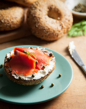 Close up of bagel with cream cheese and lox