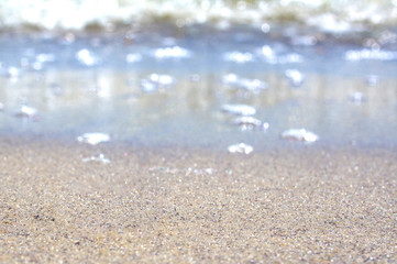 Summer beach vacation background with sand, sea, sunlight. Space for text.