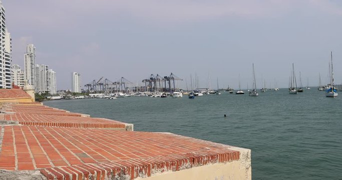 Cartagena Columbia harbor marina yachts sailboats. Major port trading center founded by Colonial Spanish in 1533. Old town and walled protected city. Economy based on tourism.
