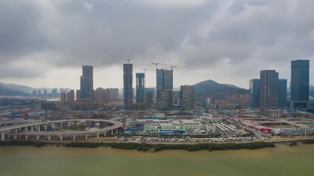 day time zhuhai city mega construction bay macau city aerial panorama 4k timelapse china 