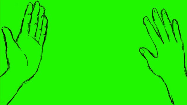 2d Animation motion graphics drawing of two hands simultaneously raising and slapping the flat palm of the other in high five gesture on white and green screen with alpha matte in HD high definition.