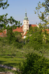 Spring Prague City with St. Nicholas' Cathedral and green Nature with flowering Trees from the Hill Petrin, Czech Republic