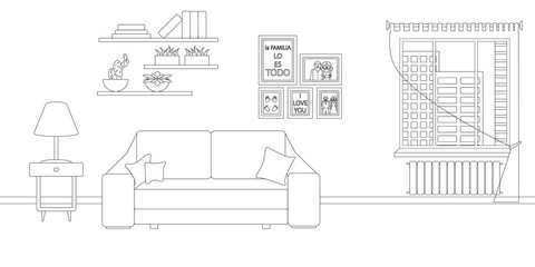 Vector Line Illustration of Interior of Living Room with Furniture. Whire and Black Outline Sketch of Home Related. Phrase in Spanish in Illustration means that family is everything