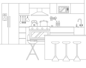 Vector Line Illustration of Interior of Kitchen with Furniture and Appliances. Whire and Black Outline Sketch of Home Related. Vector Design in Line Art Style. Design of Modern Interior of Kitchen