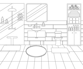 Vector Line Illustration of Interior of Bathroom with Furniture and Toilet. Whire and Black Outline Sketch of Home Related. Vector Design in Line Art Style. Design of Modern Interior of Bathroom