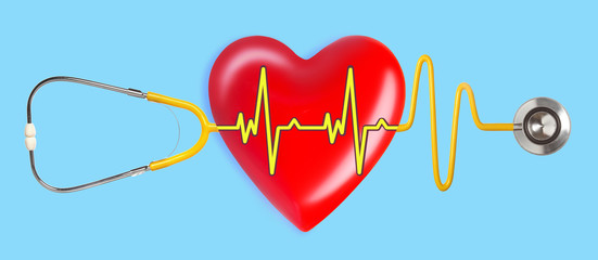 Red heart and a stethoscope on blue background. healthcare and medicine concept with red heart and...