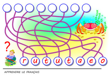 Learn French. Logic puzzle game with cute crab for study French language. Find the correct places for letters, write them in relevant circles and read the word. Printable worksheet for kids textbook.