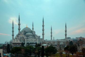 Naklejka na ściany i meble Istanbul, Turkey. Sultan Ahmet Camii named Blue Mosque turkish islamic landmark with six minarets, main attraction of the city.