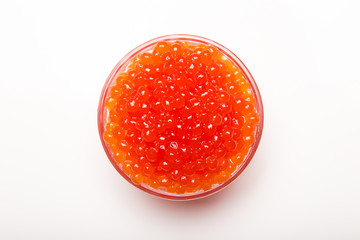 red caviar in glass bowl isolated on white background 