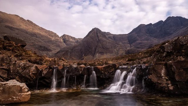 Timelapse clip of waterfall and mountains at Fairy pools in Isle of Skye, Scotland.