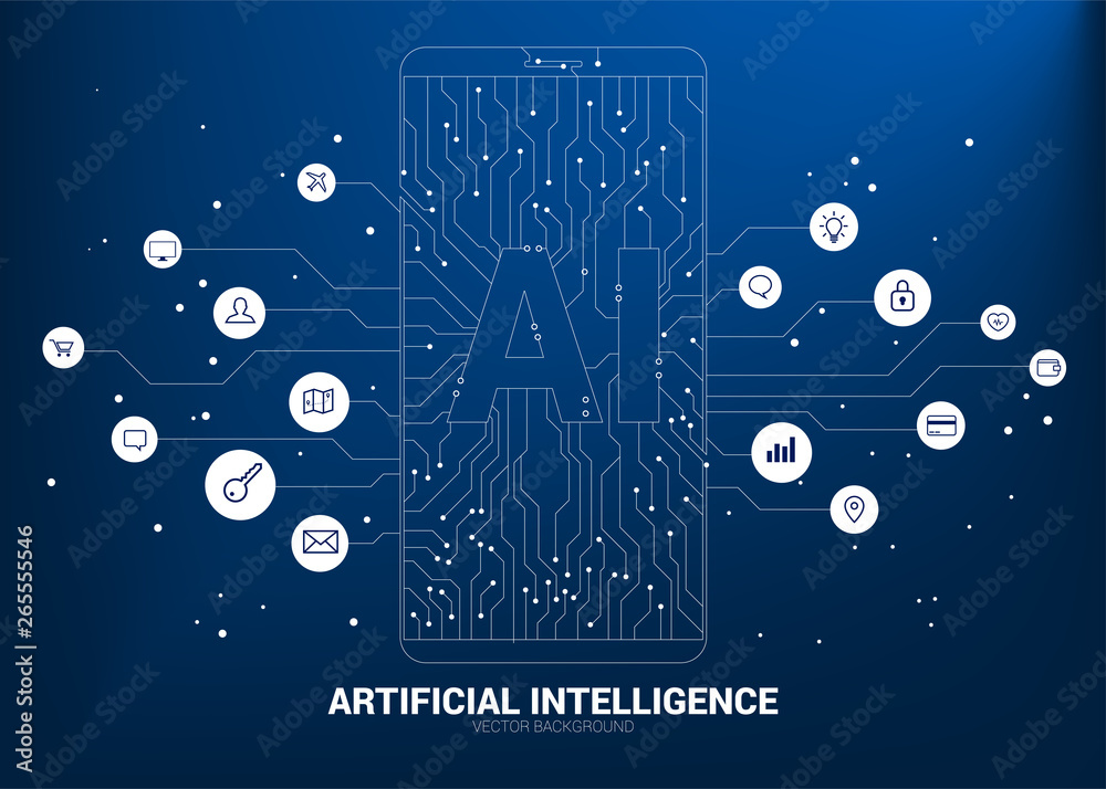 Poster a.i. in mobile phone with circuit line graphic. concept of mobile telecommunication with machine learning. Artificial Intelligence