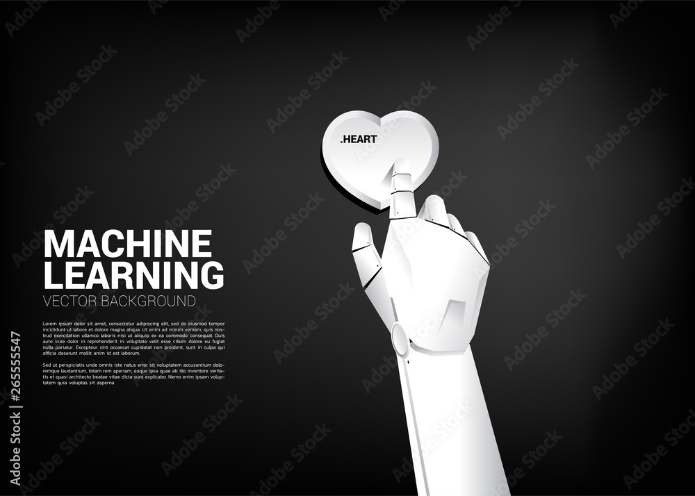 Poster close up robot hand touch heart shape key board computer. business concept of solution and working with machine learning. Artificial Intelligence management.