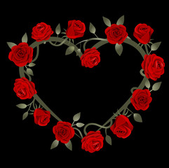 red roses heart frame on black background