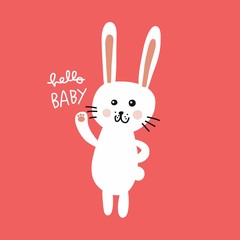 White rabbit hello baby cartoon vector illustration