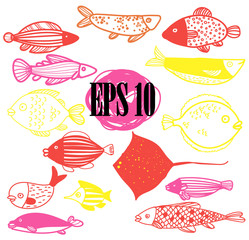 Fish, set of images. Drawing by hand in vintage style. Children's drawing. Sea fish of different sizes. Flounder, stingray, perch.