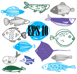 Fish, set of images. Drawing by hand in vintage style. Children's drawing. Sea fish of different sizes. Flounder, stingray, perch.