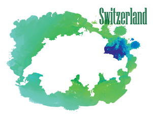 Switzerland. Map of the country. Stylized card and watercolor stains.