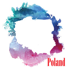 Poland. Map of the country. Stylized card and watercolor stains.