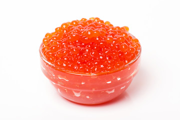 red caviar in glass bowl isolated on white background