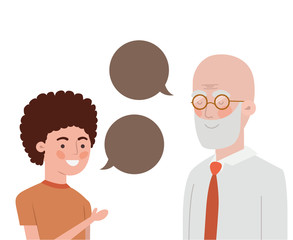 boy and grandfather with speech bubble character