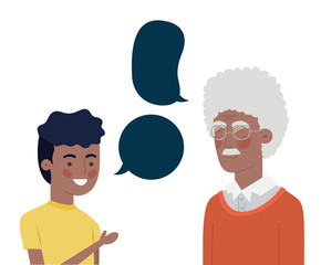 boy and grandfather with speech bubble character