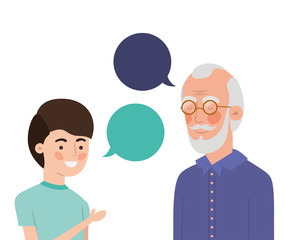 boy and grandfather with speech bubble character