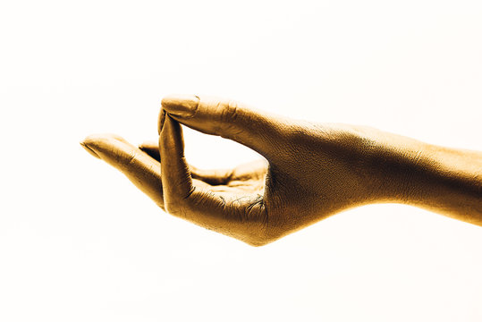 Image of woman hand in aakash mudra. Golden on a white background