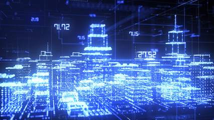 Naklejka premium Smart or digital city buildings hologram wire-frame cityscape in futuristic style - Conceptual graphic illustration 3D render