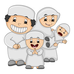 Muslim happy family - father, mother, son and daughter with white clothes cartoon vector illustration