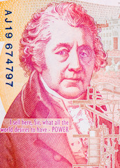 Matthew Boulton and James Watt, portrait from England money 50 Pounds Banknote. Close Up UNC...