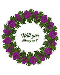 Vector illustration elegant purple wreath frame for lettering will you marry me