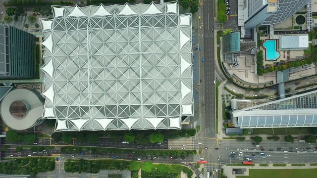 day time singapore city center famous mall rooftop aerial topdown panorama 4k 