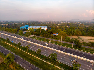Aerial view Highway that connects the city With good morning Summer of Thailand