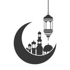 moon hanging with ramadan kareem mosque buildings