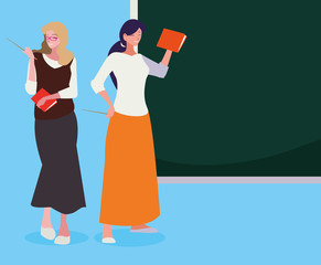 female teachers couple with textbooks and chalkboard