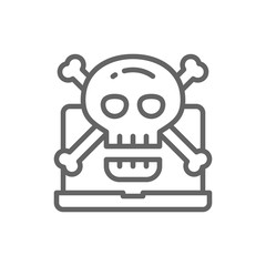 Computer with skull and crossbones symbol, virus, phishing scam line icon.