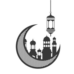 moon hanging with ramadan kareem mosque buildings